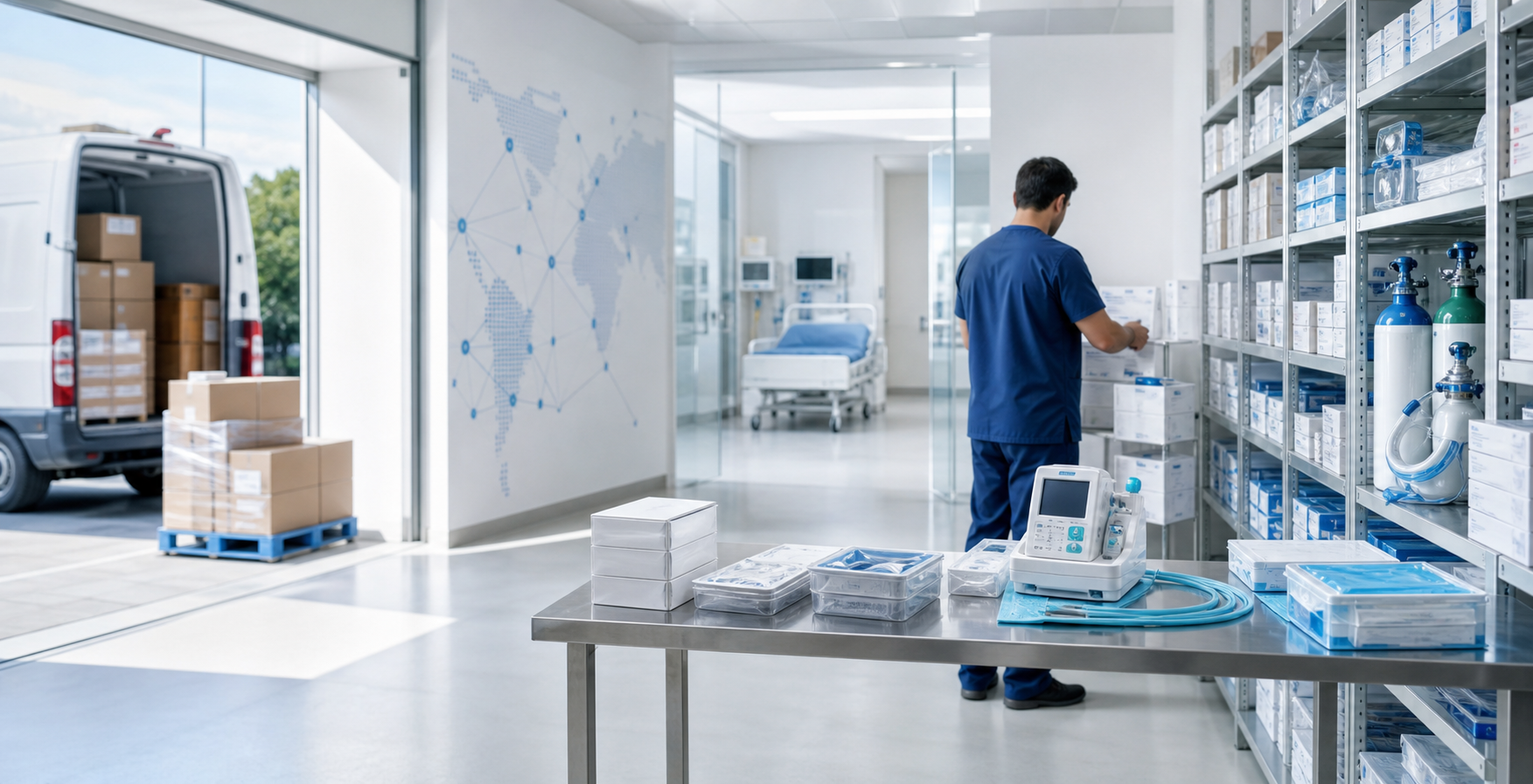 Tıbbi cihaz sevkiyat hazırlığı yapılan depo ve klinik alanı